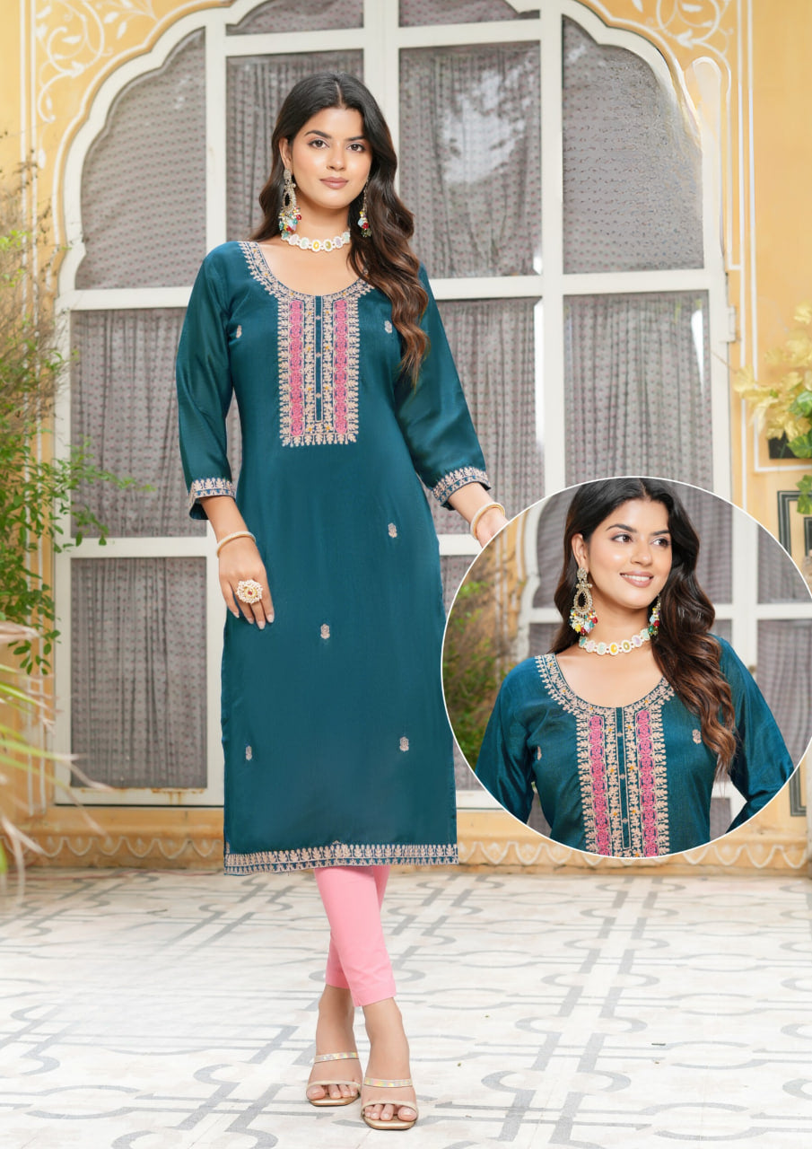 Trendy Teal Blue Color Thread Work And Silk Kurti For Women