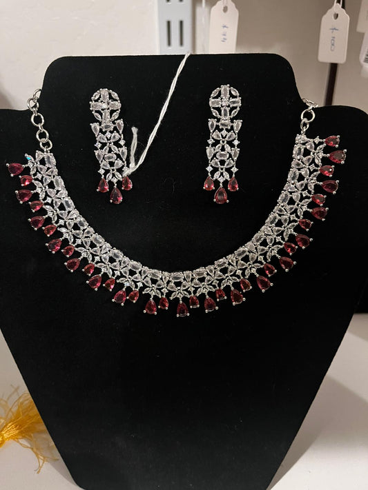 Amazing Maroon Color Stone Design American Diamond Necklace With Earrings Sets