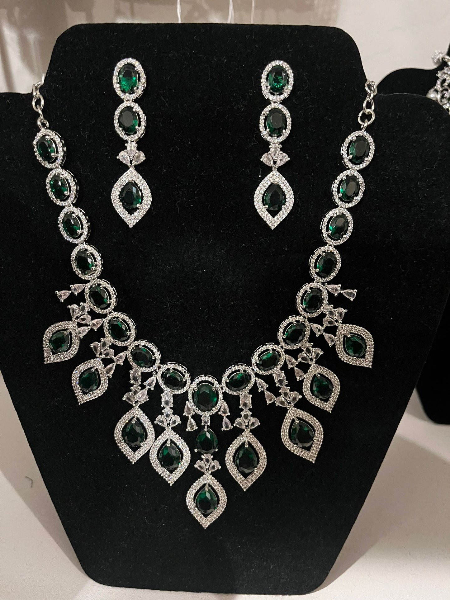 Dazzling Green Color Stone Worked American Diamond Unique Designed Necklace Set