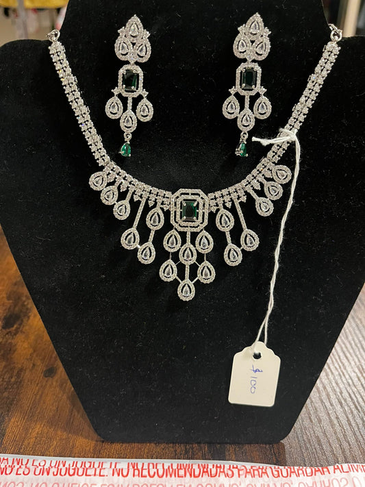 Alluring Green Stoned American Diamonds Necklace With Earrings