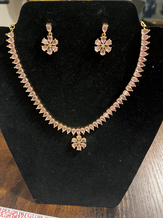 Attractive Pink Stoned American Diamonds Necklace With Earrings