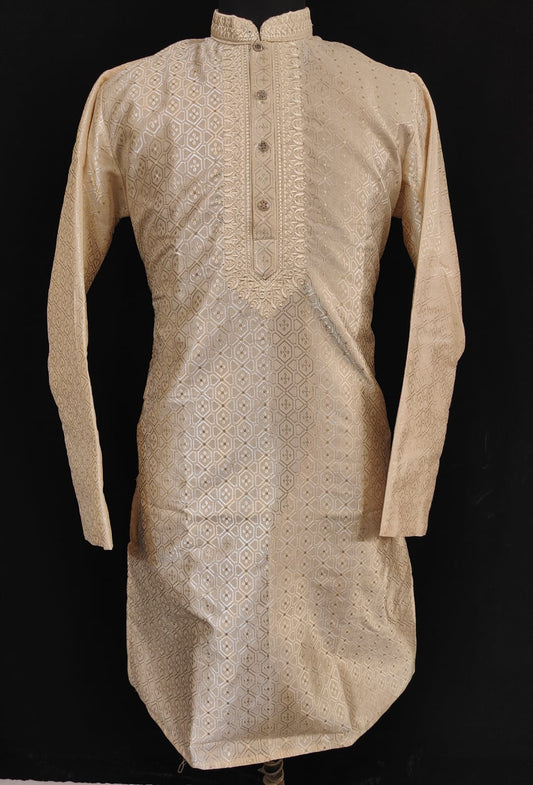 Beautiful Beige Color Silver Zari Brocade With Lining Full Sleeve Embroidery Kurta Pajama Set For Men