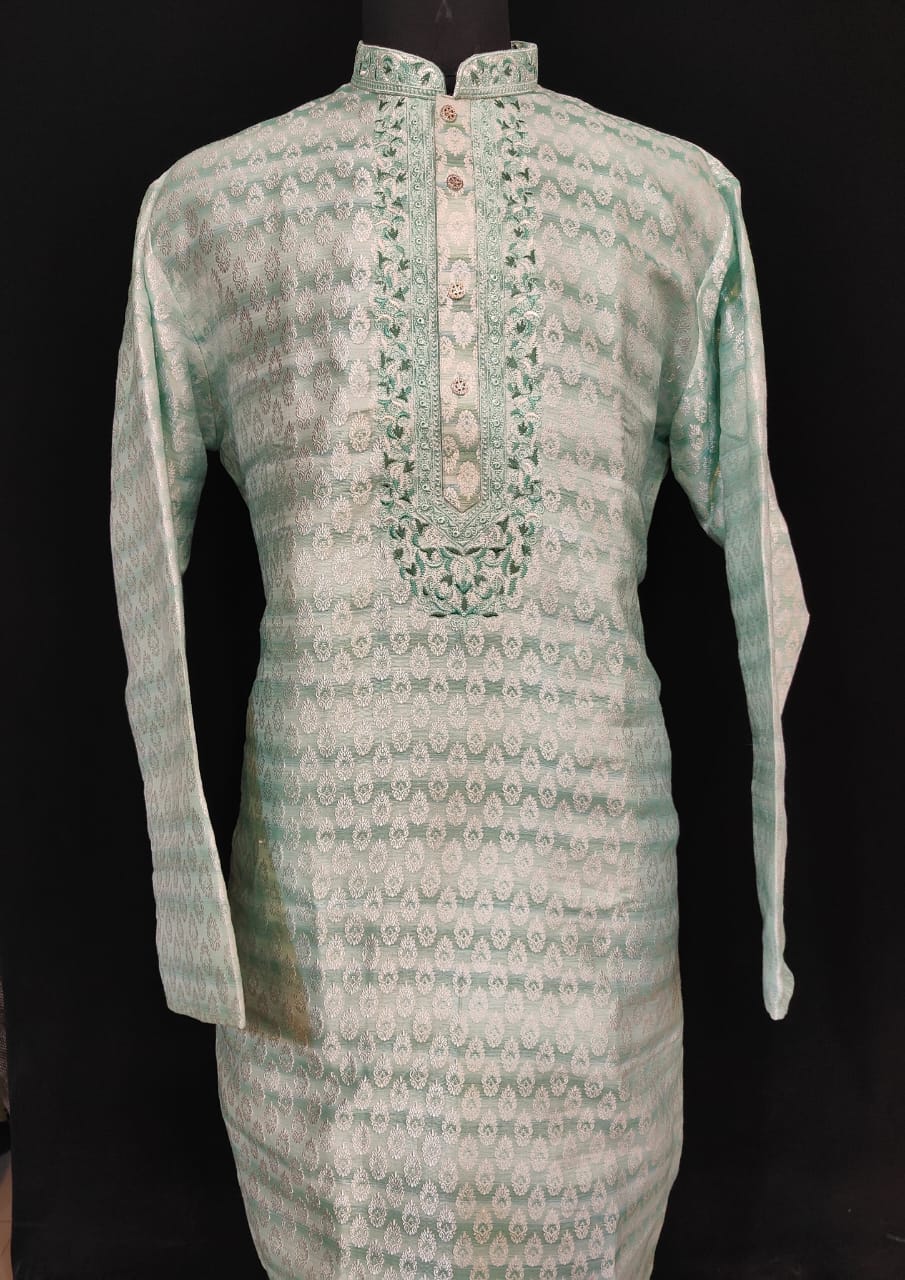 Pretty Pista Color Silver Zari Brocade With Lining Full Sleeve Embroidery Kurta Pajama Set For Men