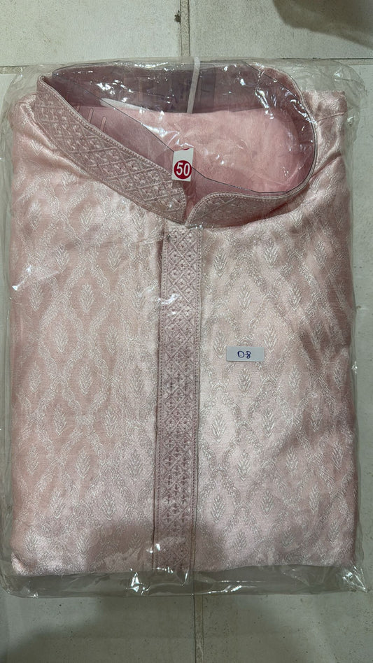 Elegant Light Pink Color Full Sleeve Embroidery Work Kurta Pajama Set For Men