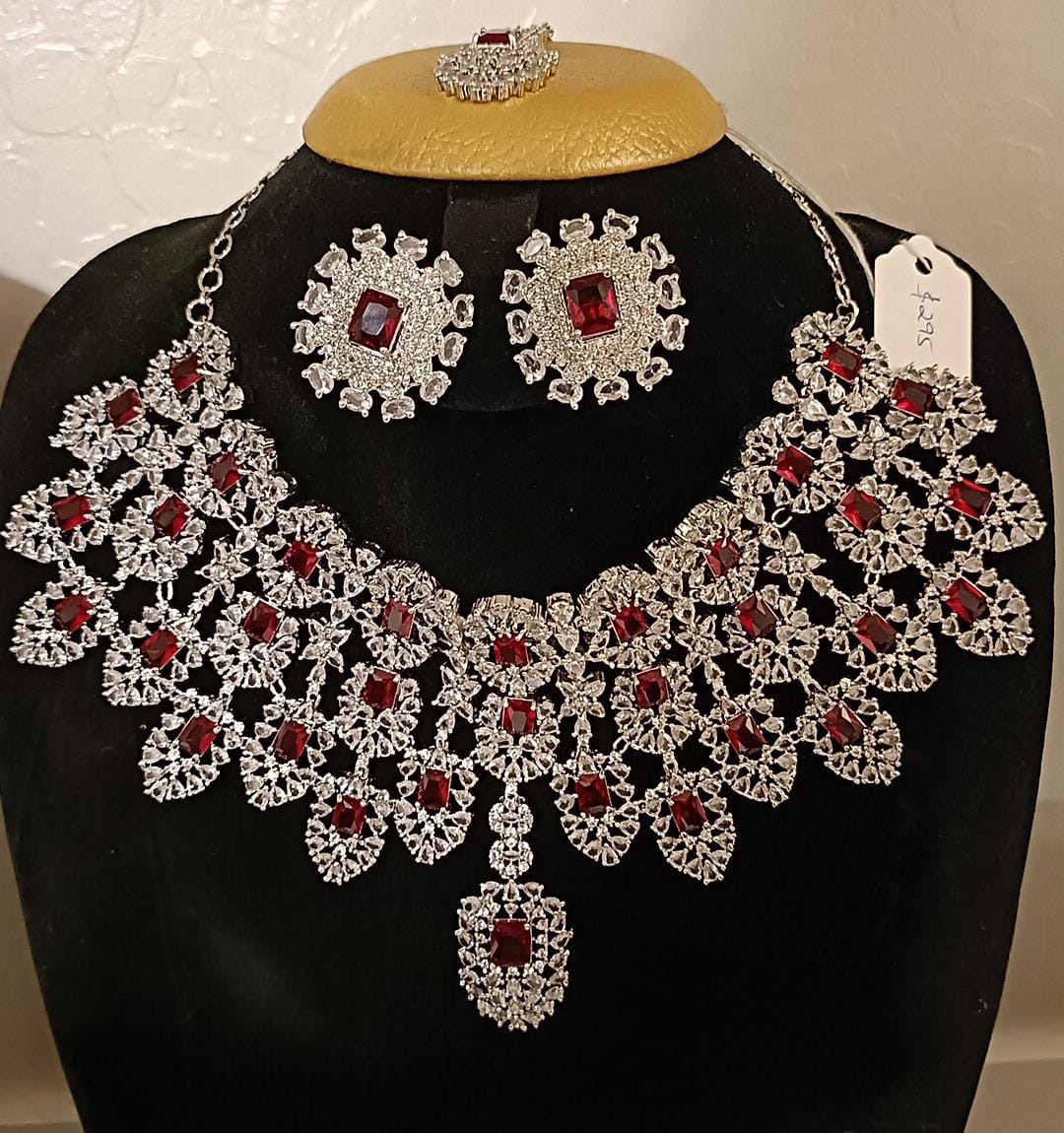 Elegant Maroon And White Color American Diamond Stone Design Necklace And Earrings