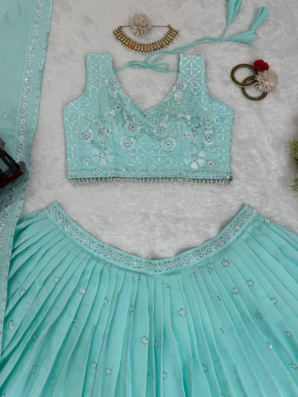 Attractive Light Blue Color Sequins Work Lehenga Choli In Yuma