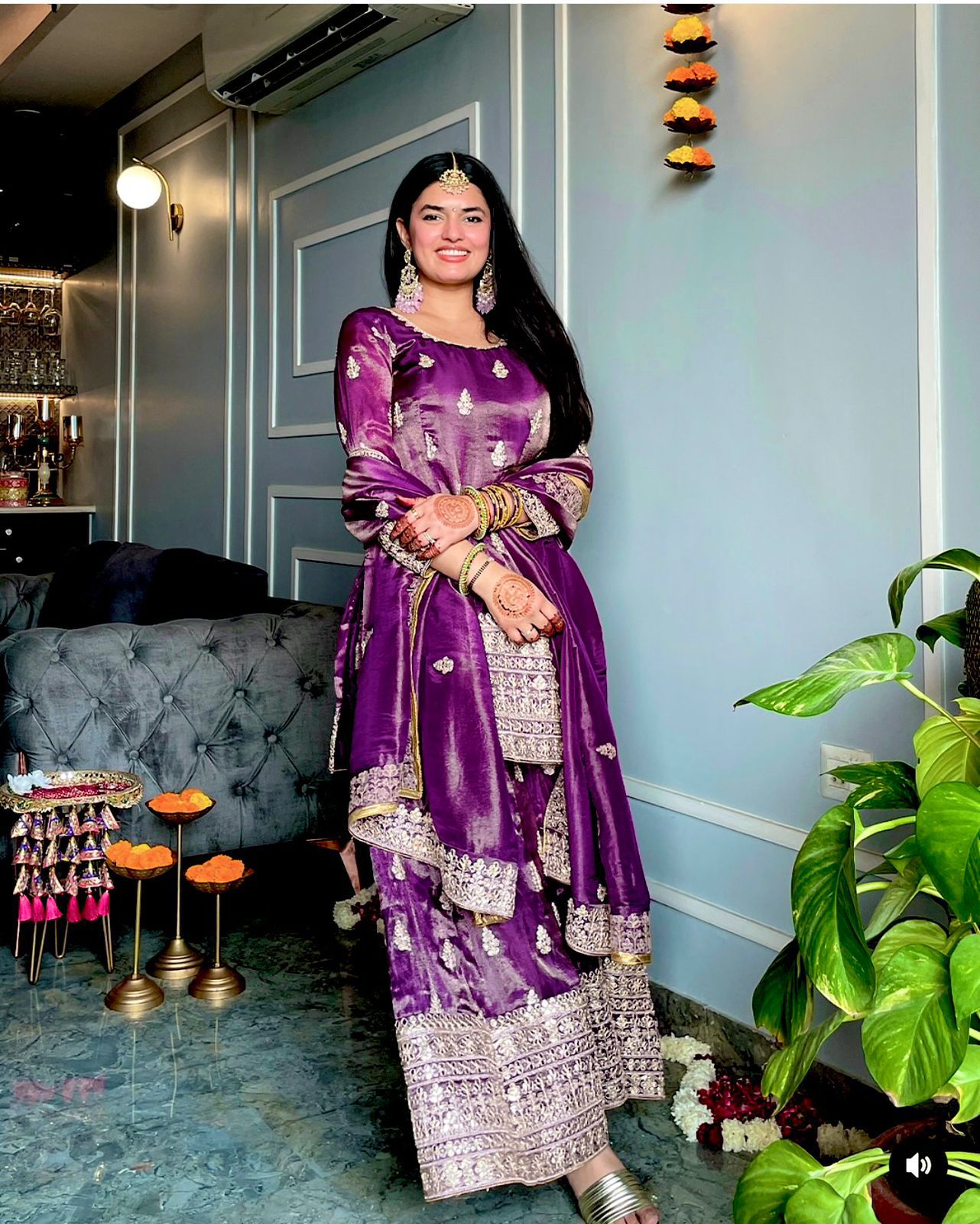 Atteactive Purple Color Chinon Silk Sharara With Sequence and Thread Work Near Me