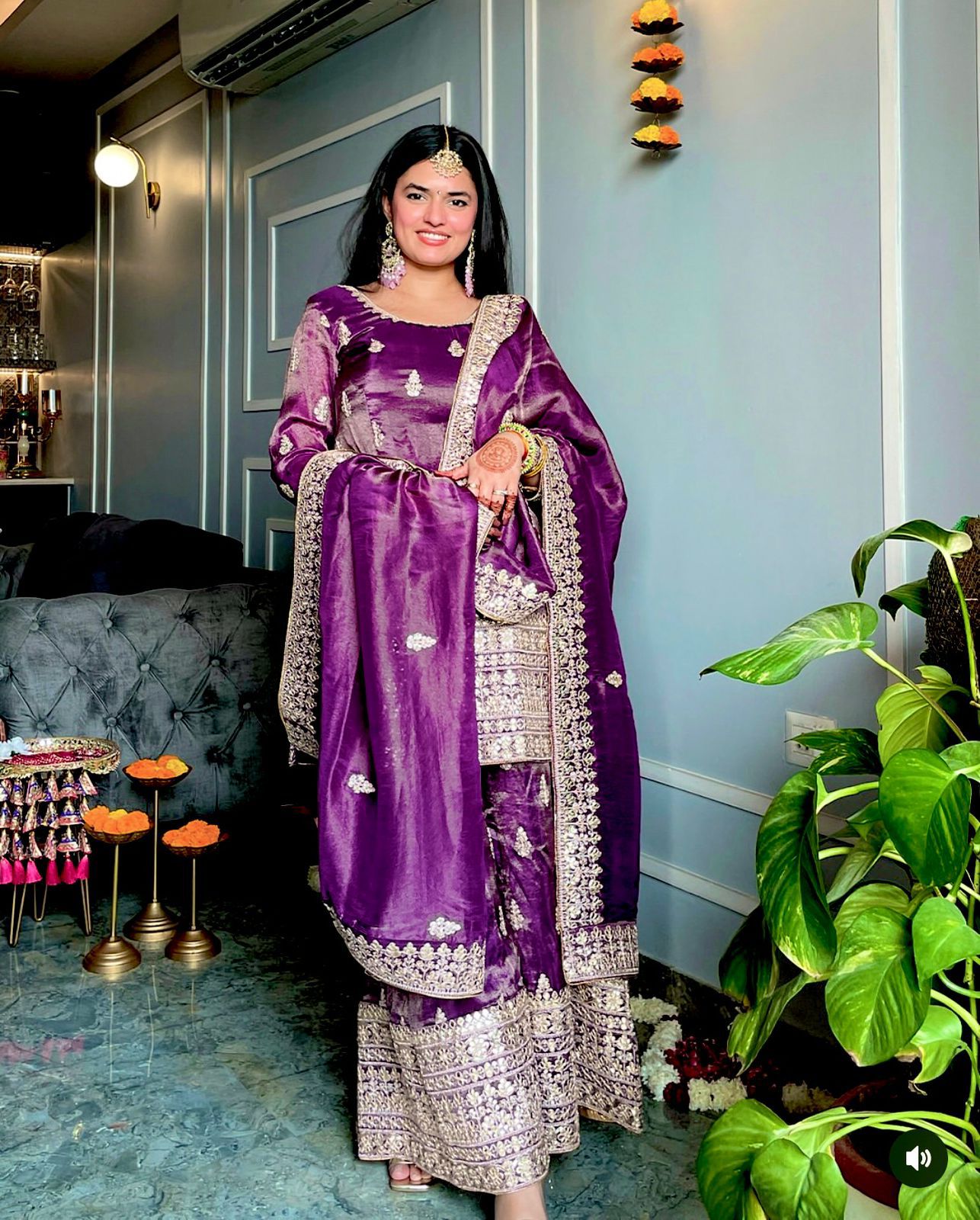 Atteactive Purple Color Chinon Silk Sharara With Sequence and Thread Work For Women