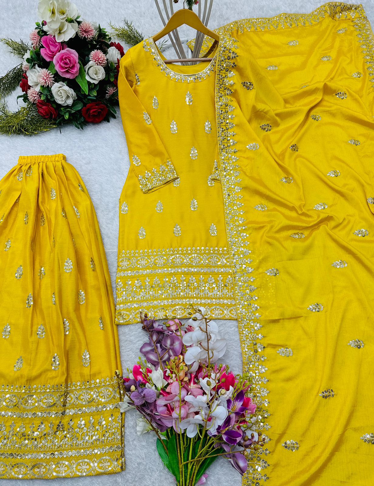 Gorgeous Yellow Color Chinon Silk Sharara in Chandler