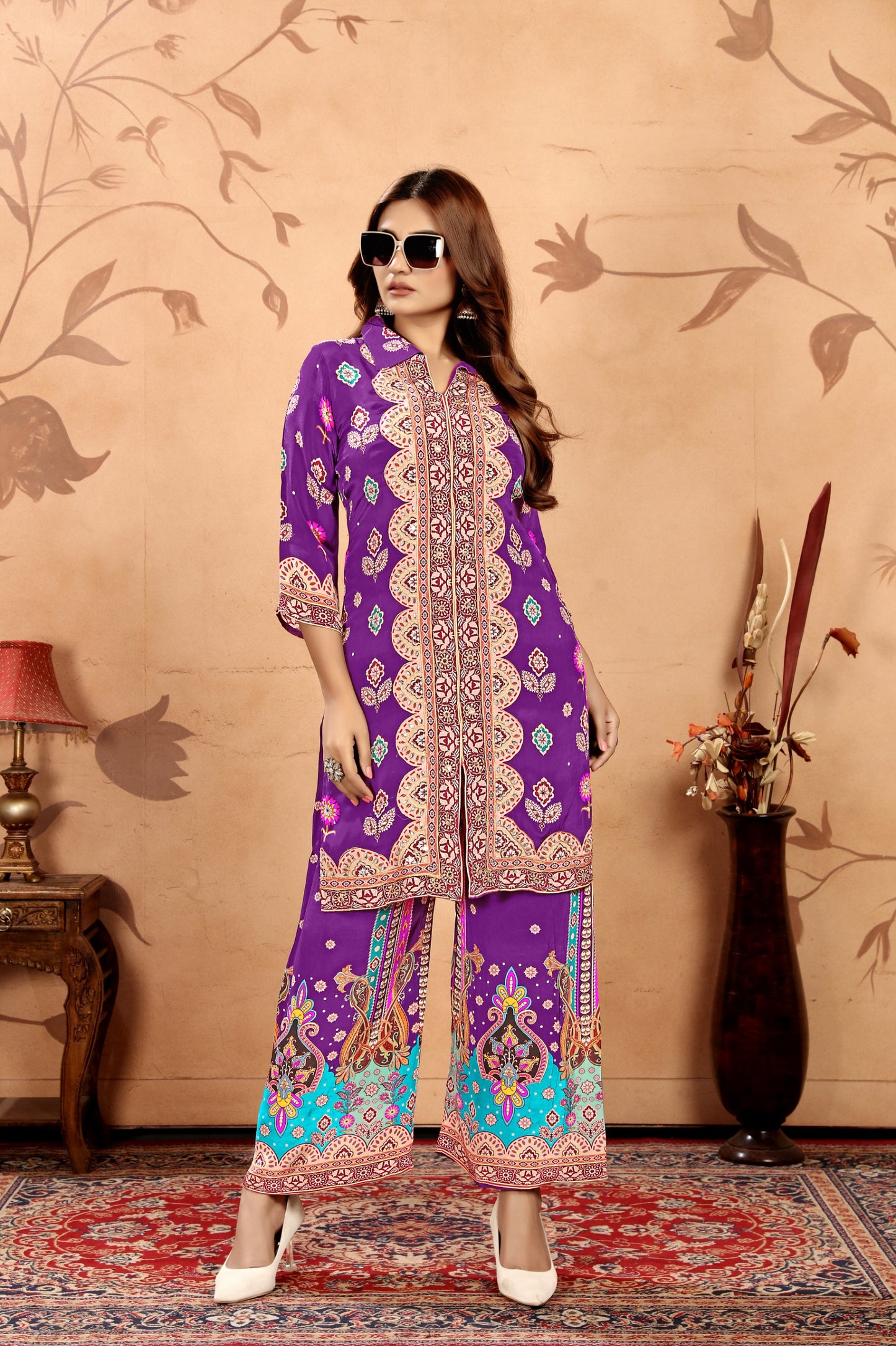 Alluring Purple Color Printed Pure Natural Crepe In Near Me