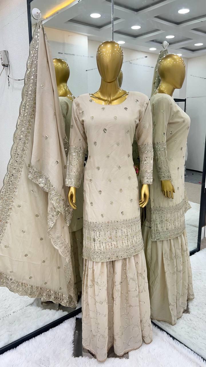 Cream Colored Chinon With Embroidery Sequins Work Sharara Suits In USA