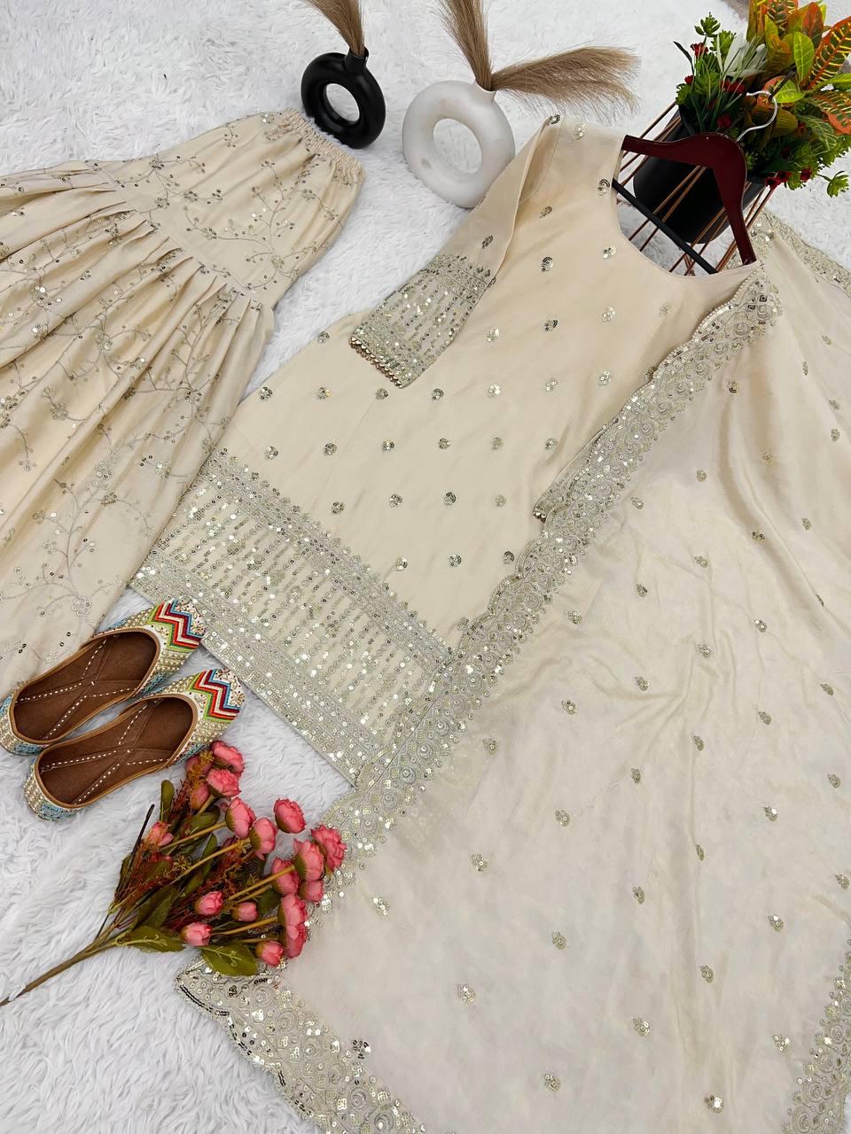 Cream Colored Embroidery Sequins Work Sharara Suits With Dupatta In Suncity