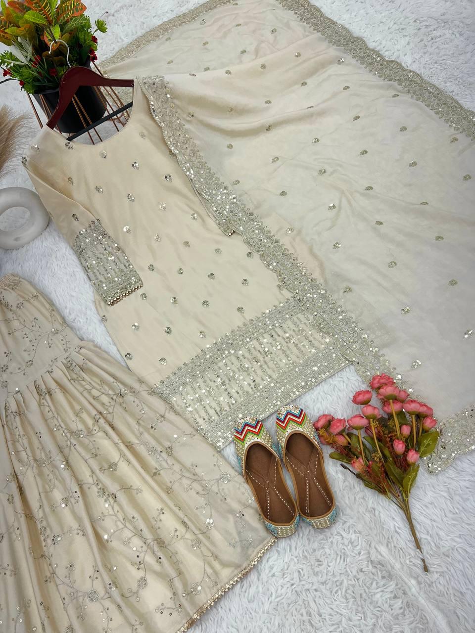 Stunning Cream Colored Embroidery Sequins Work Sharara Suits In Mesa