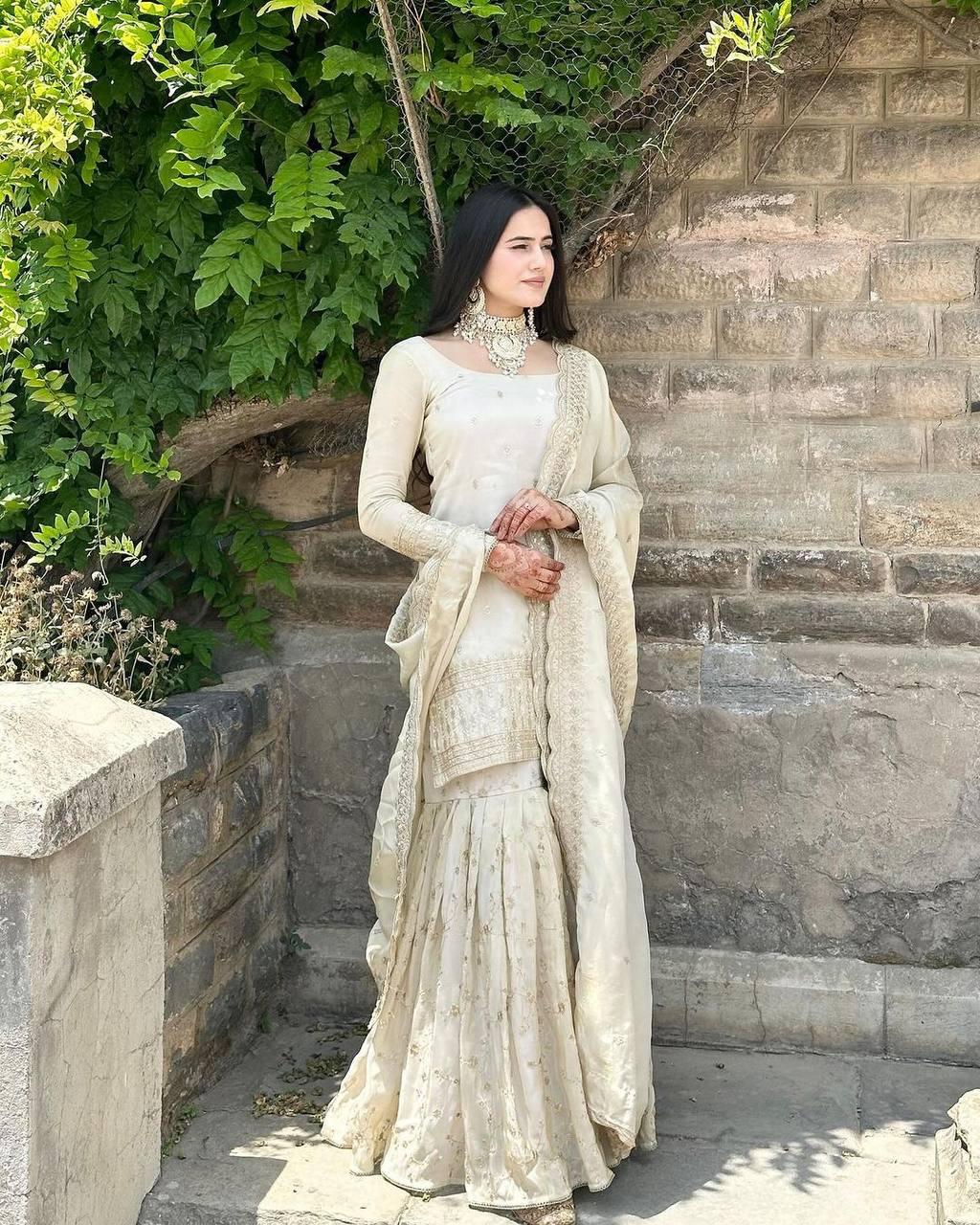 Stunning Cream Colored Chinon With Embroidery Sequins Work Sharara Suits With Dupatta