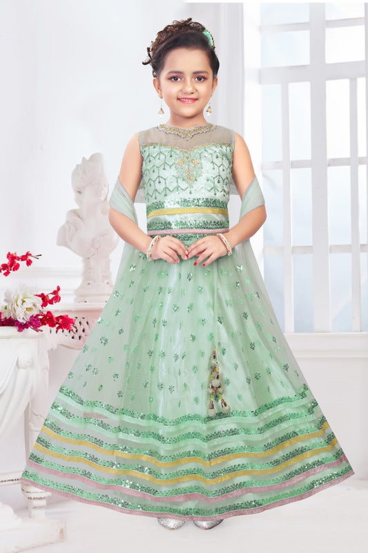 Attractive Sea Green Color Embroidery And Sequins Work Choli Sets For Girls