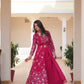Beautiful Rani Pink Color Faux Georgette Embroidery Lace Work With Indo Western Palazzo Suits For Women
