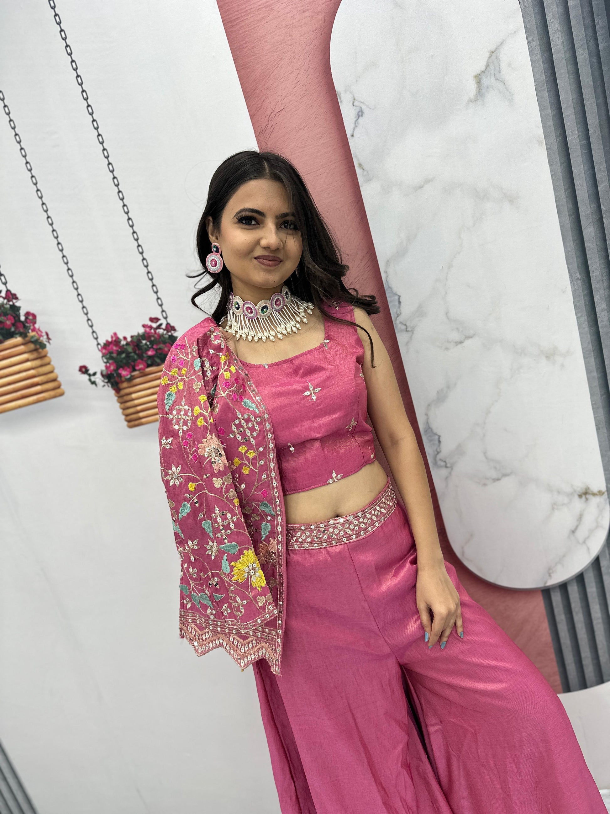 Pink Color Embroidery Sequins Work With Indo Western Palazzo Suits in USA