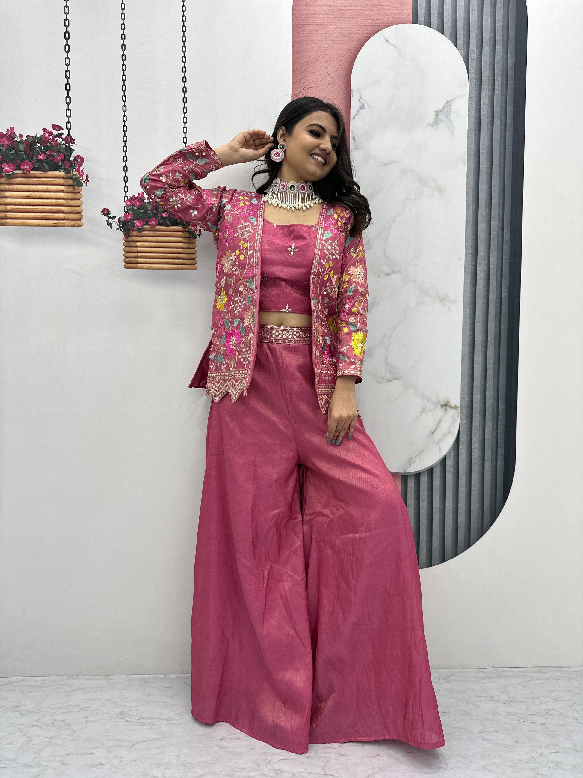 Beautiful Pink Color Embroidery Sequins Work With Indo Western Palazzo Suits For Women