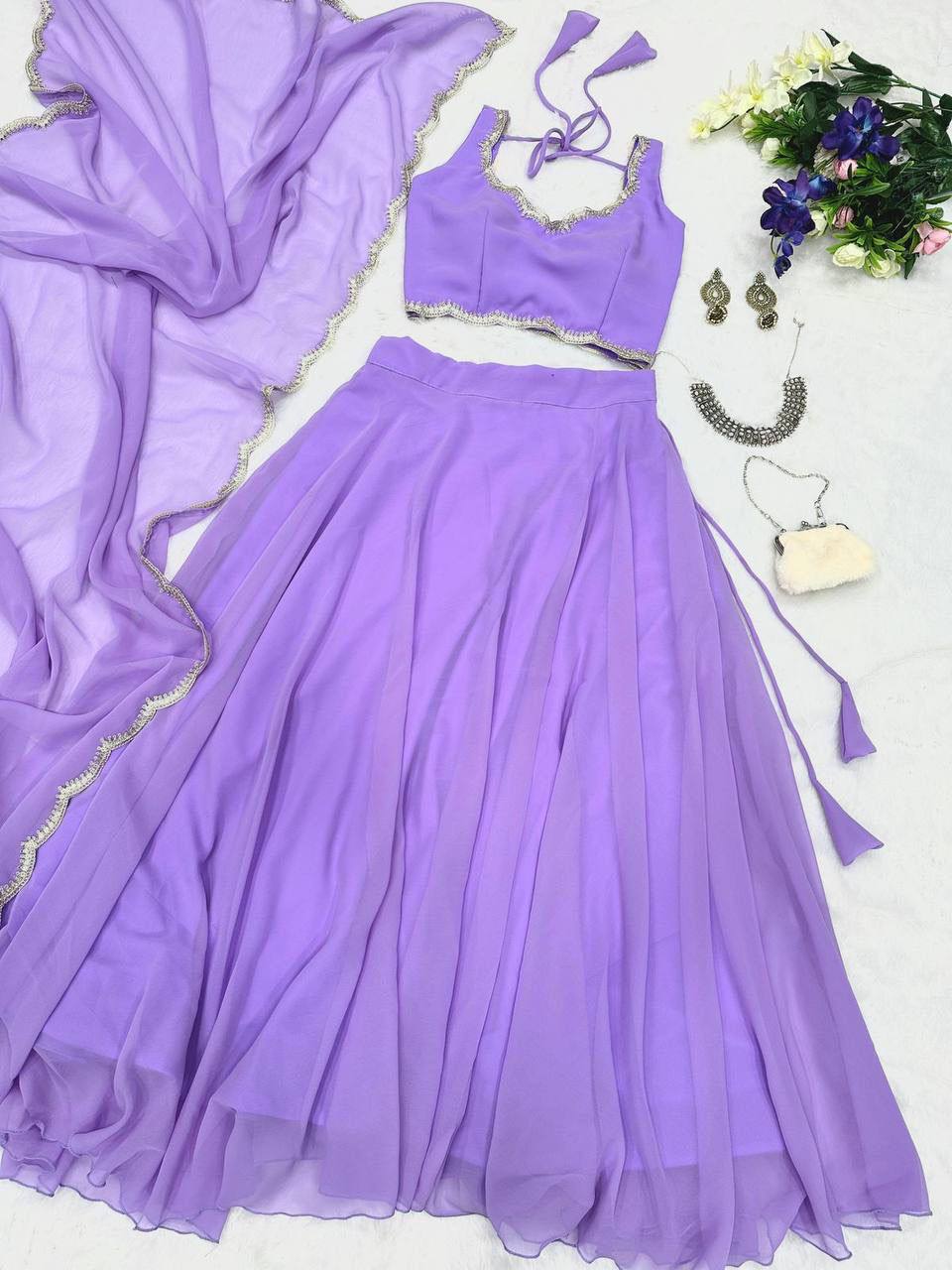 Stunning Lavender Georgette And Sequins Work Lehenga Choli With Dupatta