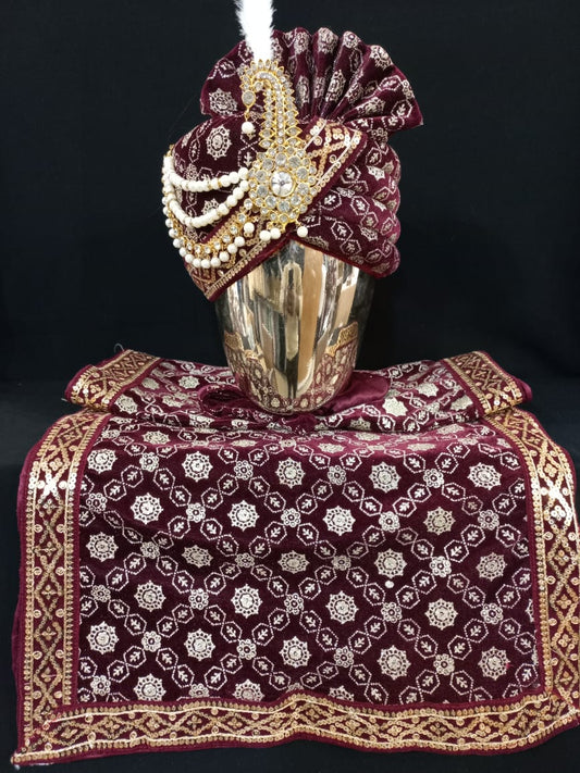 Alluring Maroon Color Stone And Beads Work Designer Men's Wedding Turban 