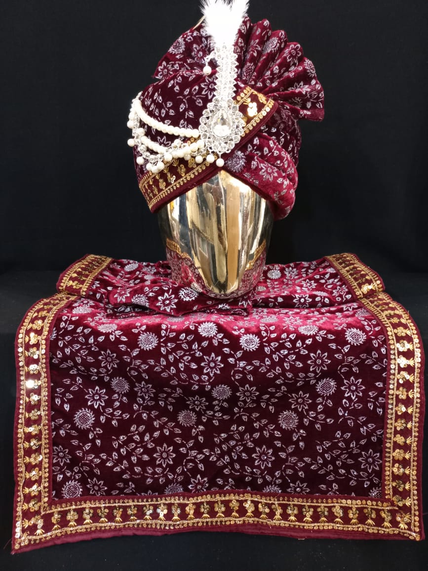 Stunning Maroon Color Stone And Beads Work Designer Wedding Turban For Men
