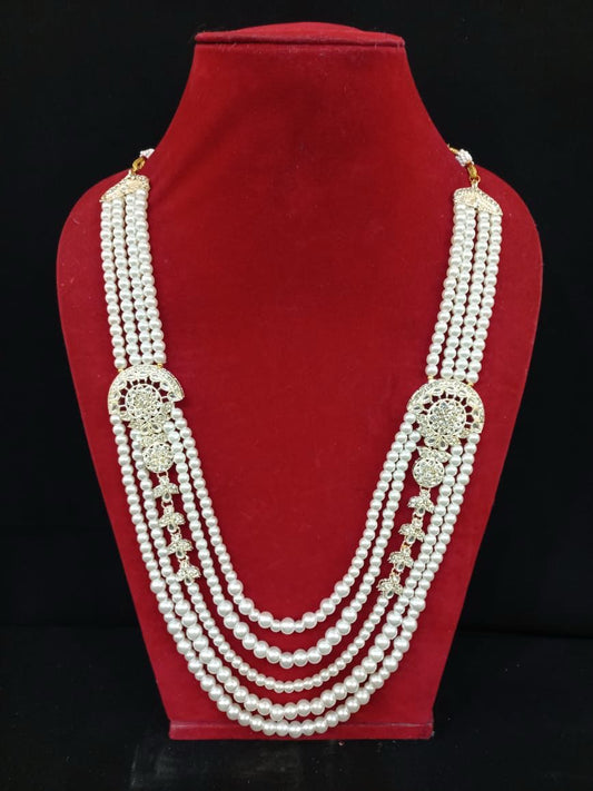 Dazzling Five Layered Designer White Color Pearl Beaded Mala For Men