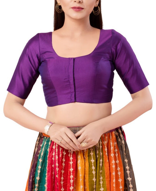 Elegant Purple Color Poly Blend Fabric Round Neck Readymade Blouse For Women