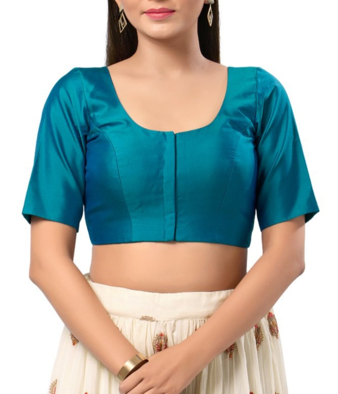 Alluring Teal Blue Color Poly Blend Fabric Round Neck Readymade Blouse For Women