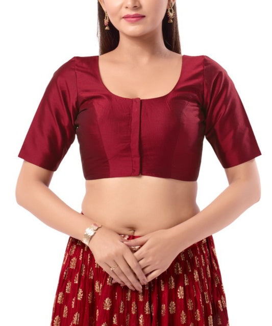 Attractive Maroon Color Poly Blend Fabric Round Neck Readymade Blouse For Women