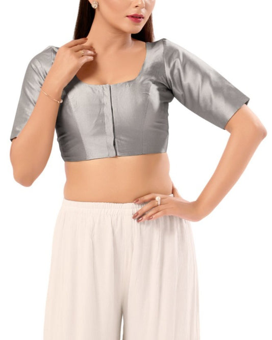 Charming Silver Color Poly Blend Fabric Round Neck Readymade Blouse For Women
