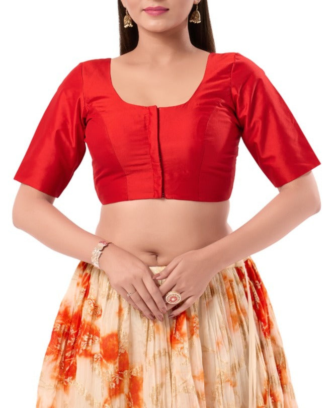 Fabulous Red Color Poly Blend Fabric Round Neck Readymade Blouse For Women
