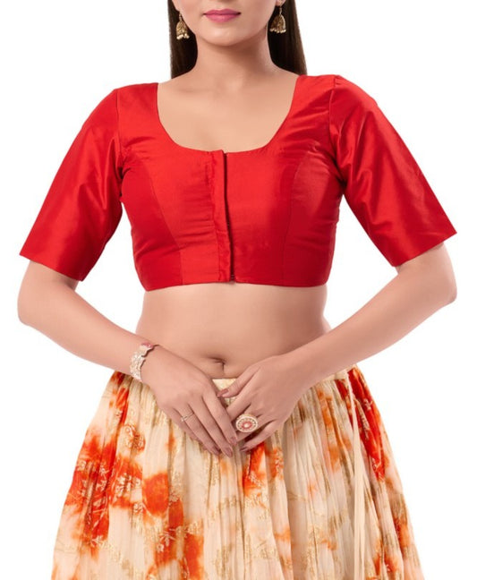 Fabulous Red Color Poly Blend Fabric Round Neck Readymade Blouse For Women