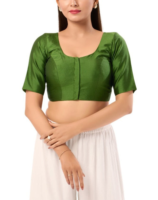 Gorgeous Mehendi Green Color Poly Blend Fabric Round Neck Readymade Blouse For Women