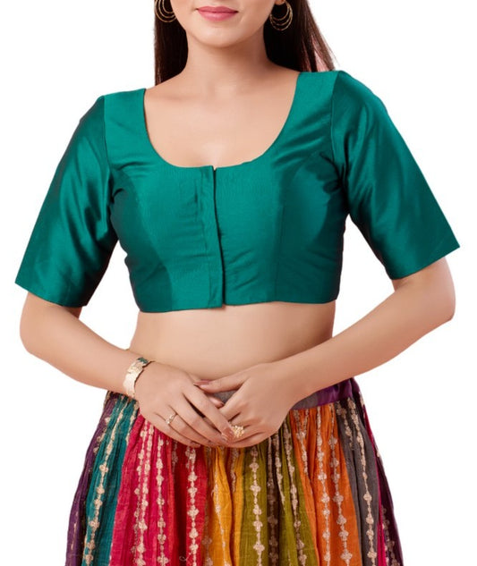 Dazzling Rama Green Color Poly Blend Fabric Round Neck Readymade Blouse For Women