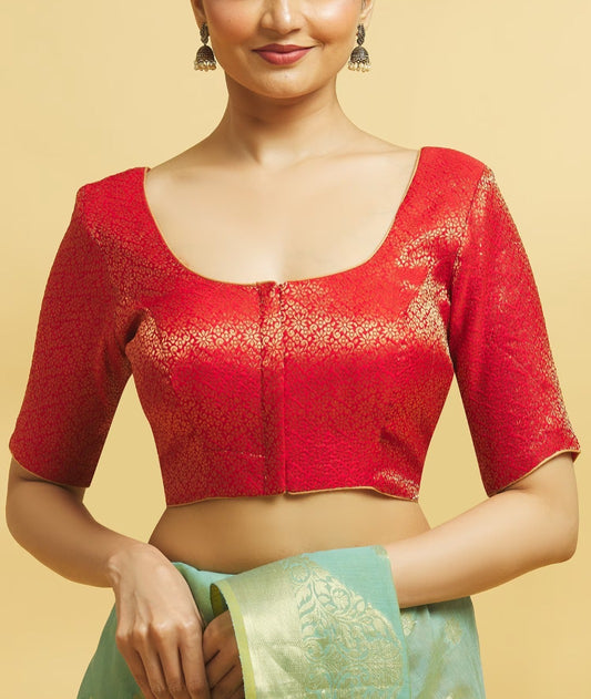Alluring Front Open Red Color Brocade Elbow Sleeve Readymade Blouse For Women