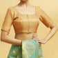 Beautiful Front Open Gold Color Brocade Elbow Sleeve Readymade Blouse For Women