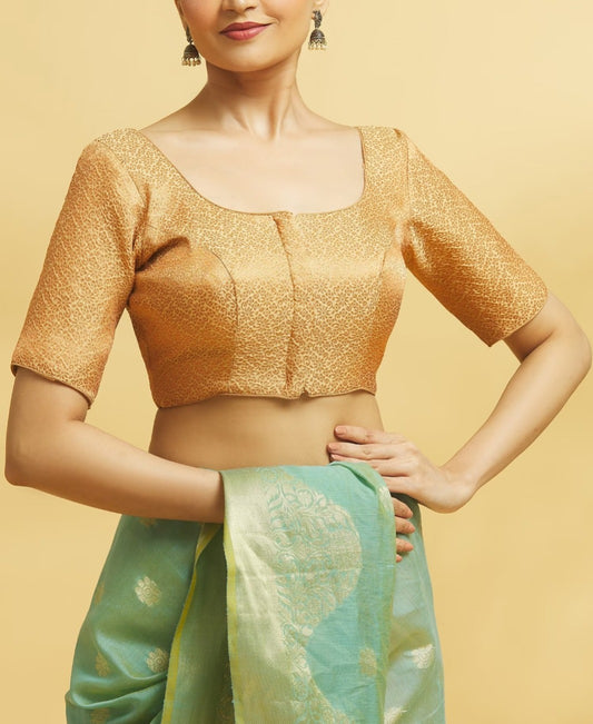 Beautiful Front Open Gold Color Brocade Elbow Sleeve Readymade Blouse For Women