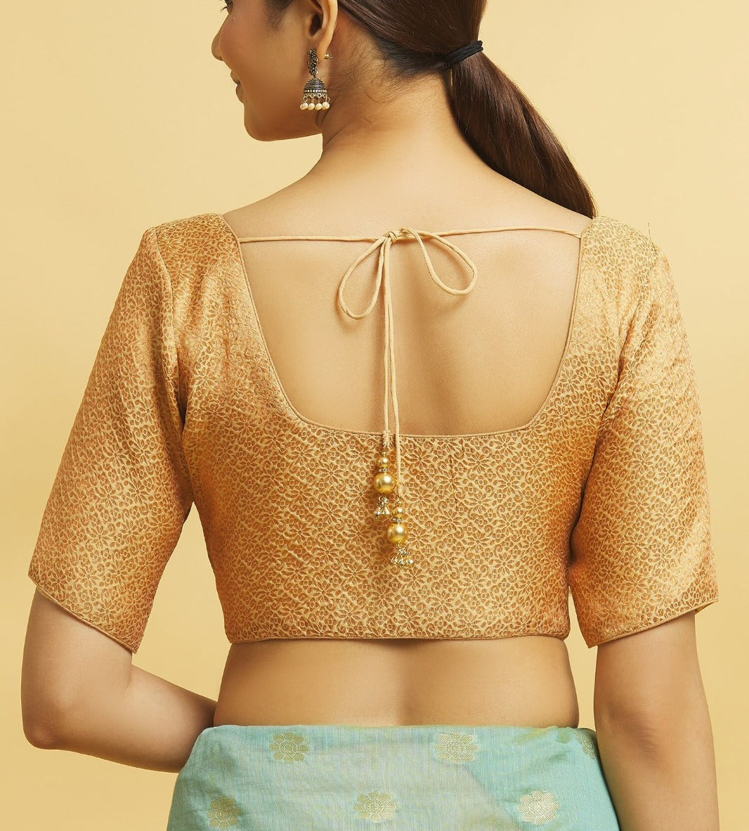 Gold Color Brocade Elbow Sleeve Readymade Blouse Near Me