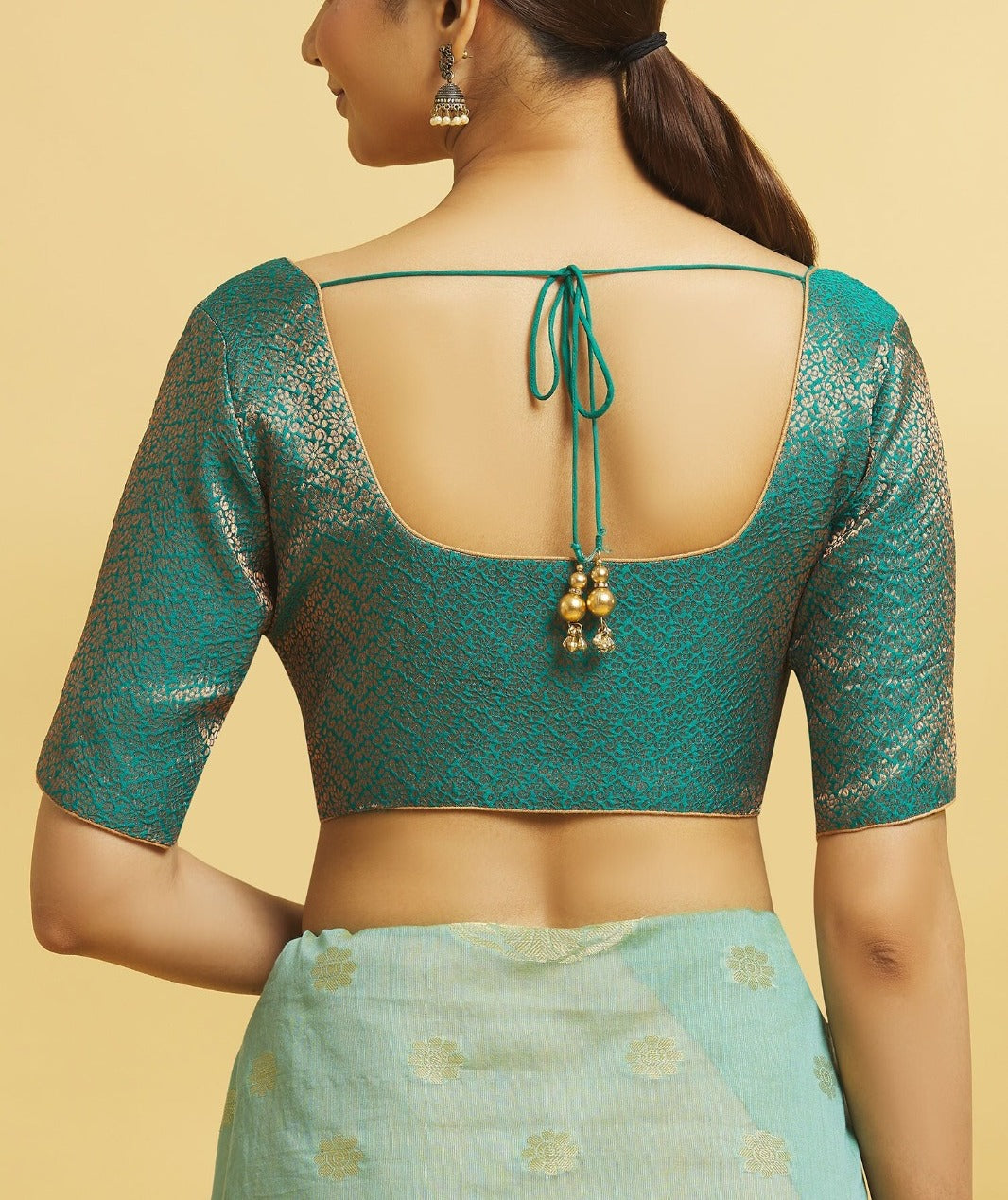 Teal Green Color Brocade Elbow Sleeve Readymade Blouse Near Me