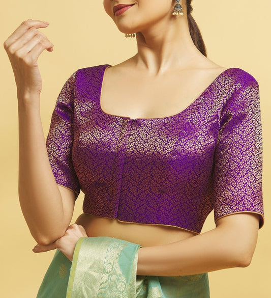 Attractive Front Open Purple Color Brocade Elbow Sleeve Readymade Blouse For Women