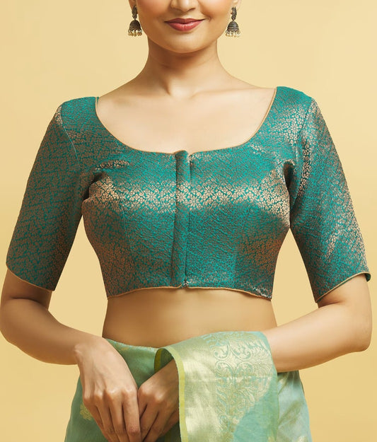 Elegant Front Open Teal Green Color Brocade Elbow Sleeve Readymade Blouse For Women