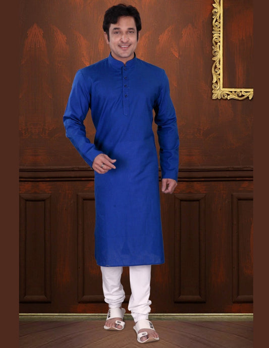 Charming Plain Royal Blue Color Plain Linen Cotton Kurta With Pajama Set For Men