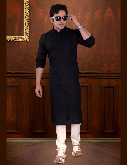 Gorgeous Black Color Linen Cotton Fancy Kurta With Pajama Set For Men