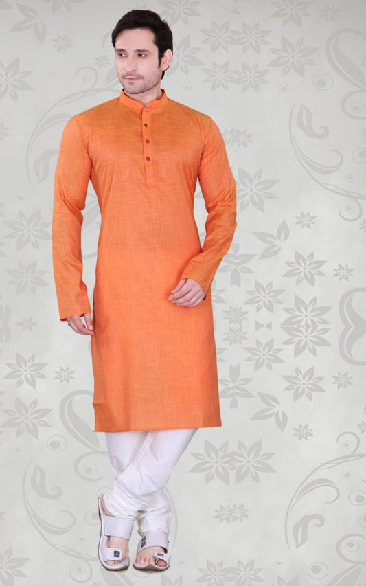 Stunning Orange Color Poly Cotton Plain Kurta Pajama Set For Men