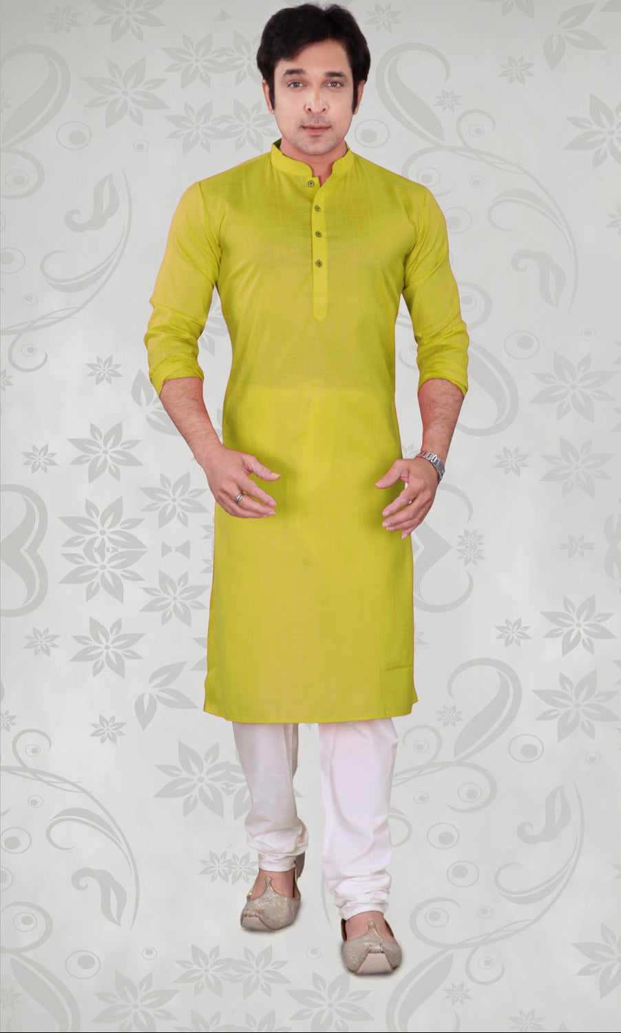 Attractive Light Green Color Poly Cotton Plain Kurta Pajama Set For Men