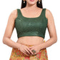Dazzling Green Color Party Wear Silk Sleeveless Back Open Blouse