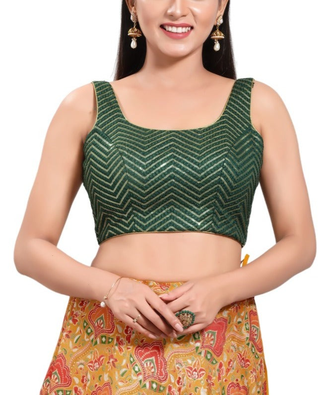 Dazzling Green Color Party Wear Silk Sleeveless Back Open Blouse