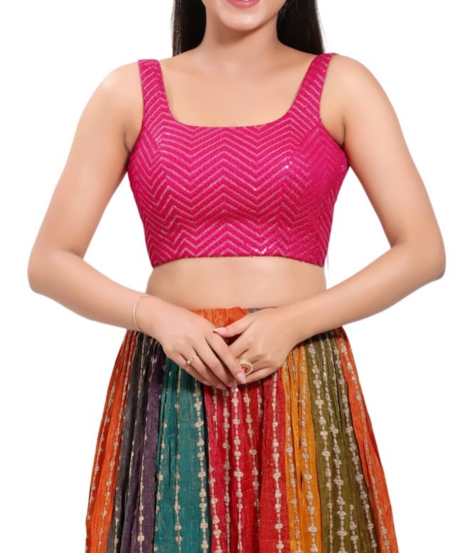 Alluring Pink Colored Sequins Square Neck Back Open Blouse For Women