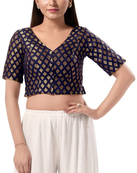 Attractive Navy Blue Color Jacquard With Zari Work Readymade Blouse For Women