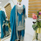 Charming Designer Sky Blue Color Sequins And Embroidery Work Palazzo Suits With Dupatta For Women